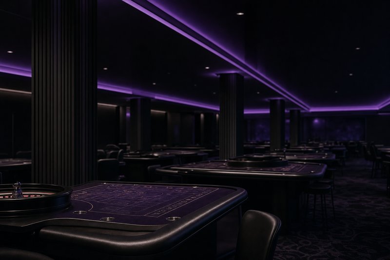 Sala da gioco vuota con un tavolo da roulette in primo piano (immagine generata con AI)