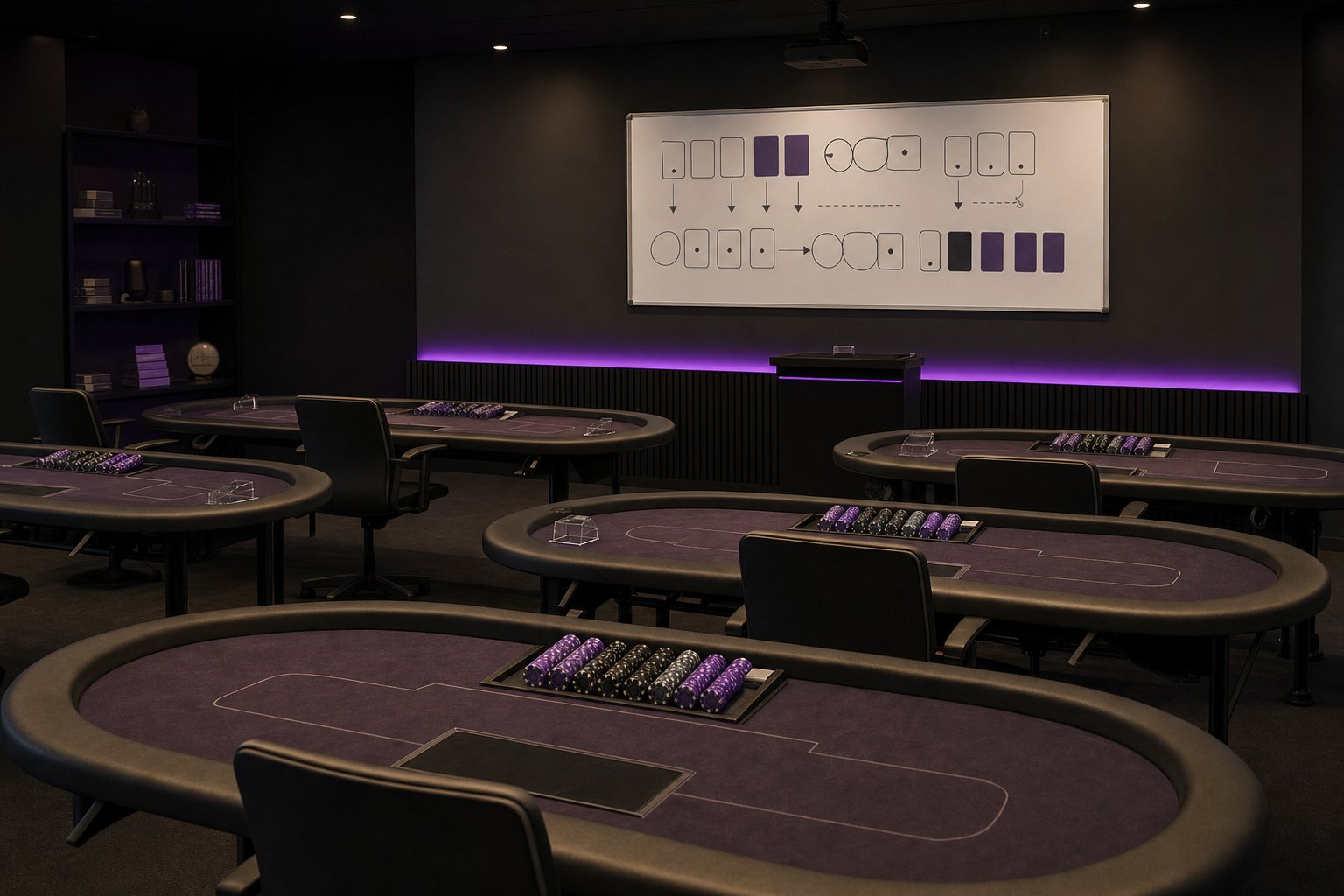 Aula di un corso per croupier con tavoli da gioco vuoti e una lavagna con gli schemi delle carte (immagine generata con AI)