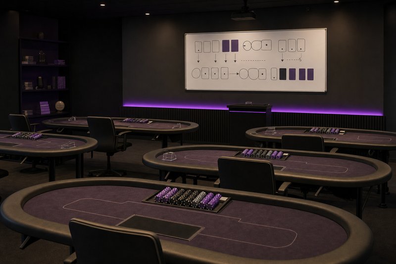 Aula di formazione per croupier con tavoli da gioco vuoti e fiches sui vassoi (immagine generata con AI)