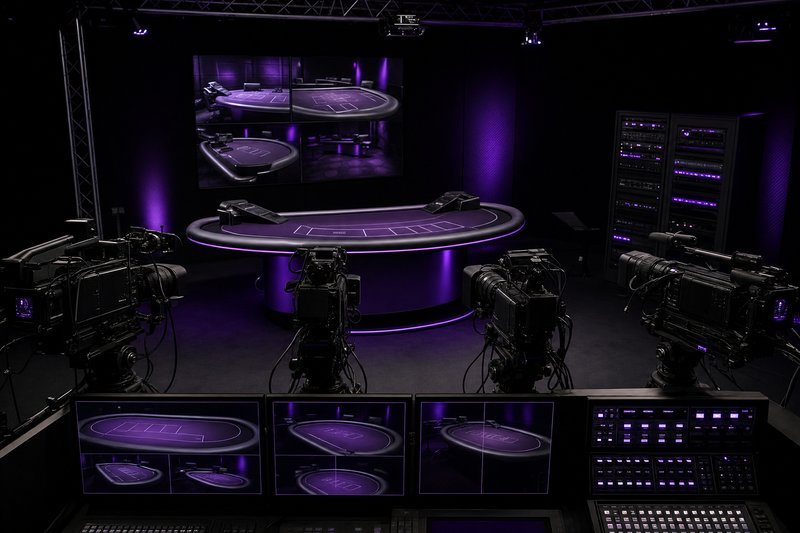 Studio di live casino con telecamera puntata sul tavolo da gioco (immagine generata con AI)