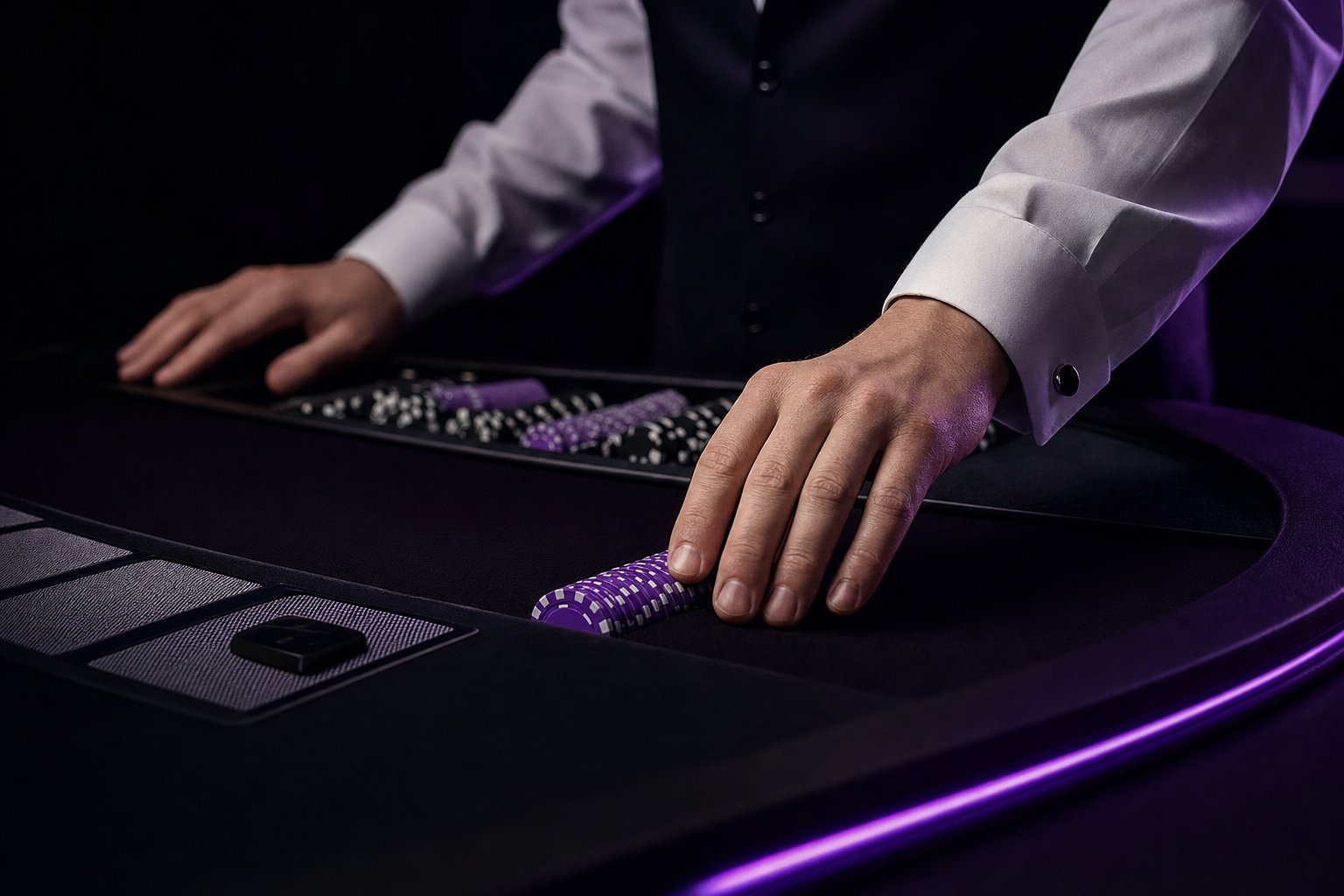 Mani di un croupier che sistemano una pila di fiches sul tavolo da gioco (immagine generata con AI)
