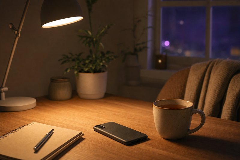 Tazza di tè, telefono e quaderno su una scrivania di casa, di sera (immagine generata con AI)